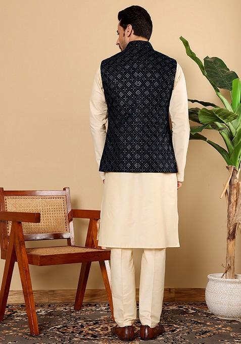 Black Embroidered Viscose Velvet Nehru Jacket And Kurta Set