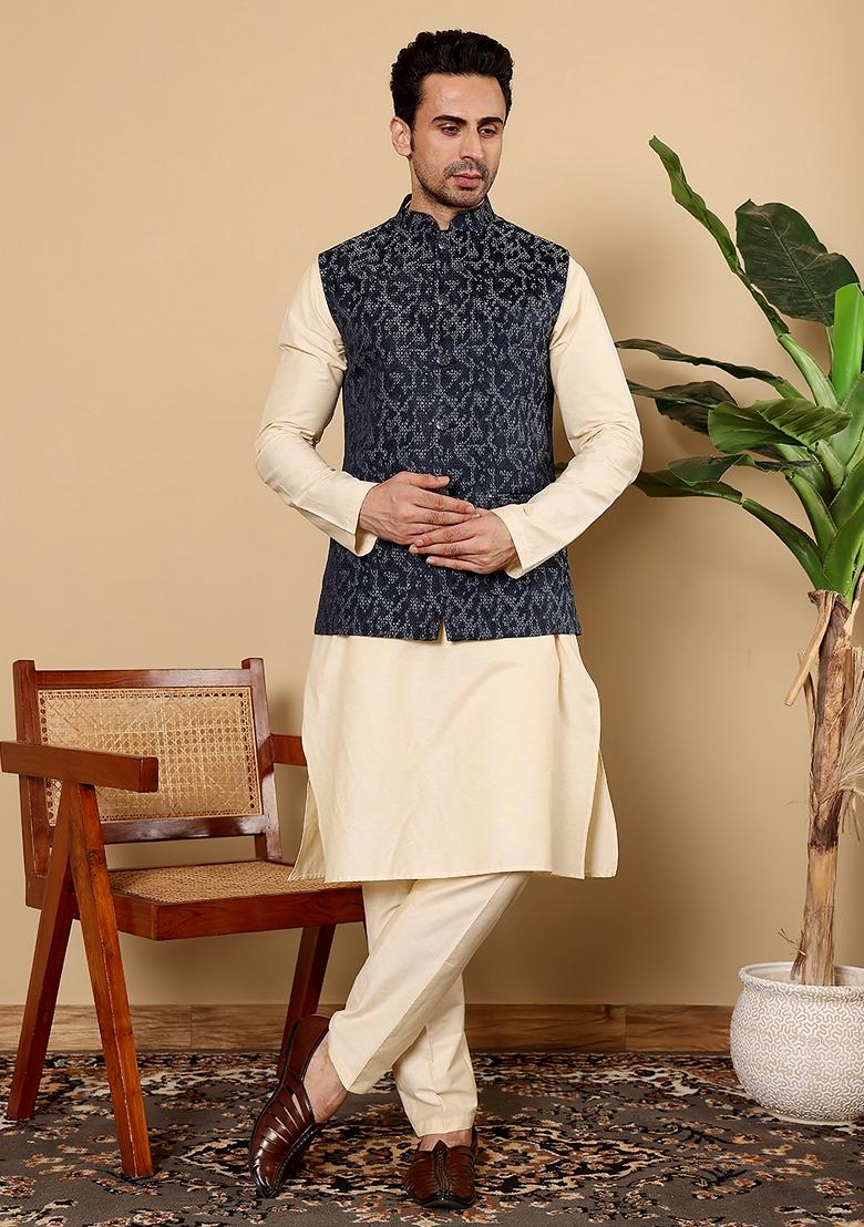 Blue Embroidered Rayon Silk Nehru Jacket And Kurta Set