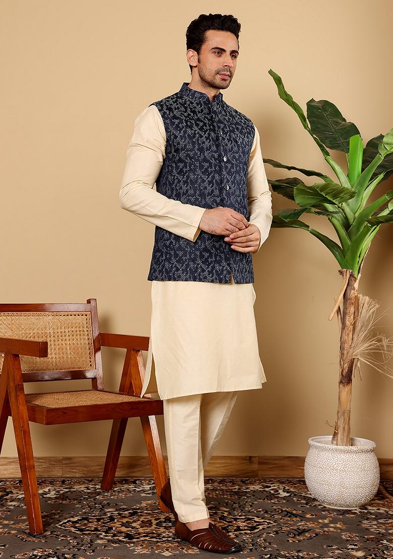 Blue Embroidered Rayon Silk Nehru Jacket And Kurta Set