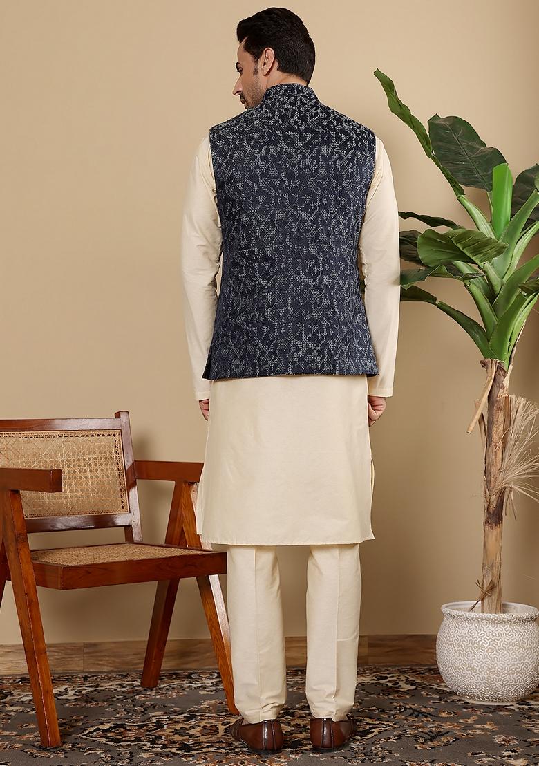 Blue Embroidered Rayon Silk Nehru Jacket And Kurta Set