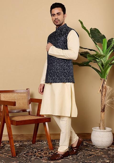 Blue Embroidered Rayon Silk Nehru Jacket And Kurta Set