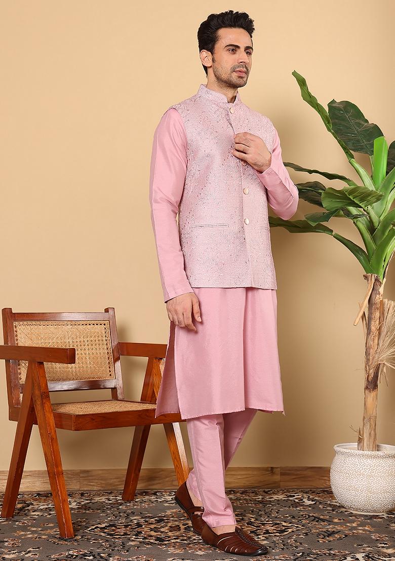 Pink Embroidered Viscose Silk Nehru Jacket And Kurta Set