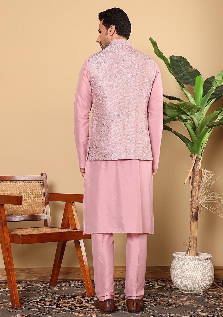 Pink Embroidered Viscose Silk Nehru Jacket And Kurta Set