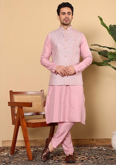 Pink Embroidered Viscose Silk Nehru Jacket And Kurta Set