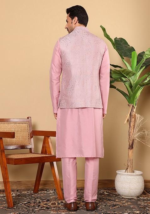 Pink Embroidered Viscose Silk Nehru Jacket And Kurta Set
