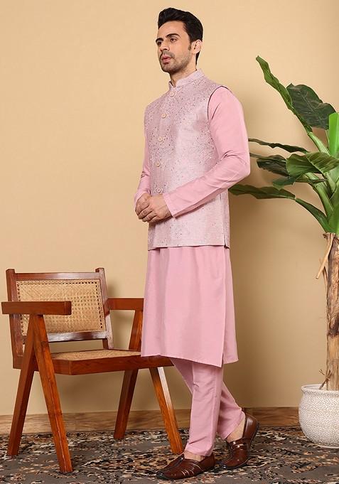 Pink Embroidered Viscose Silk Nehru Jacket And Kurta Set