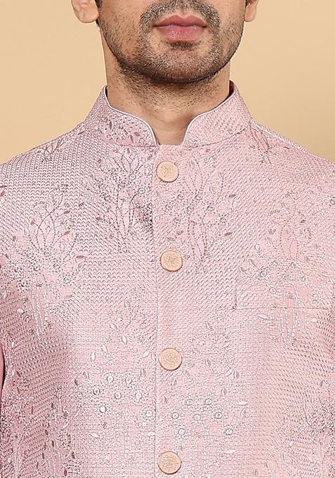 Pink Embroidered Viscose Silk Nehru Jacket And Kurta Set