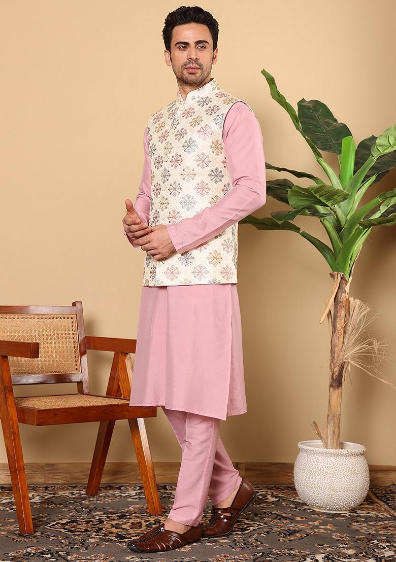 White Embroidered Viscose Silk Nehru Jacket And Kurta Set