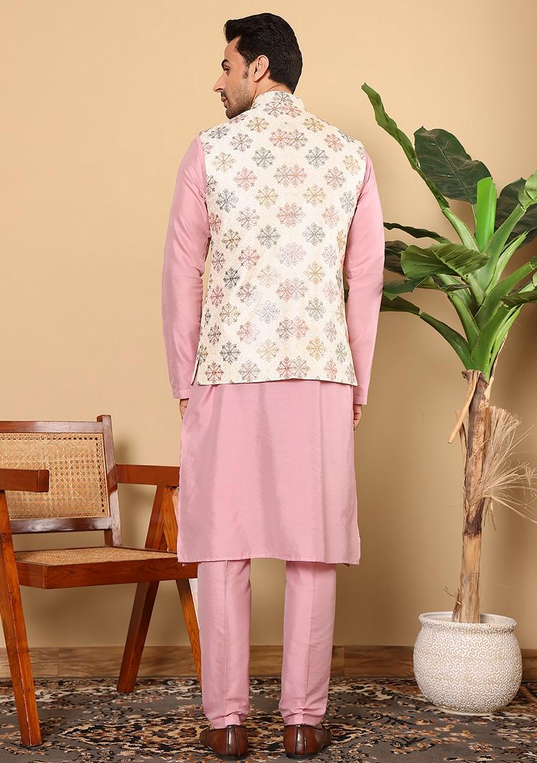 White Embroidered Viscose Silk Nehru Jacket And Kurta Set