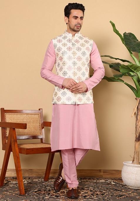 White Embroidered Viscose Silk Nehru Jacket And Kurta Set