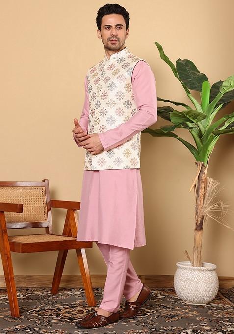 White Embroidered Viscose Silk Nehru Jacket And Kurta Set