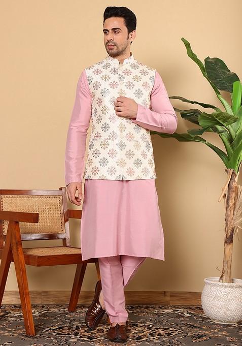 White Embroidered Viscose Silk Nehru Jacket And Kurta Set