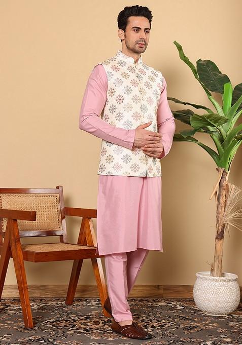 White Embroidered Viscose Silk Nehru Jacket And Kurta Set