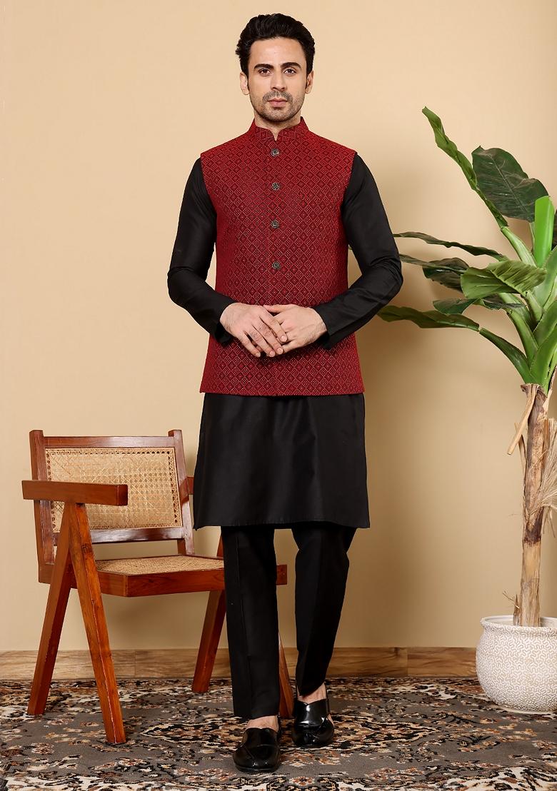 Red Embroidered Rayon Silk Nehru Jacket And Kurta Set