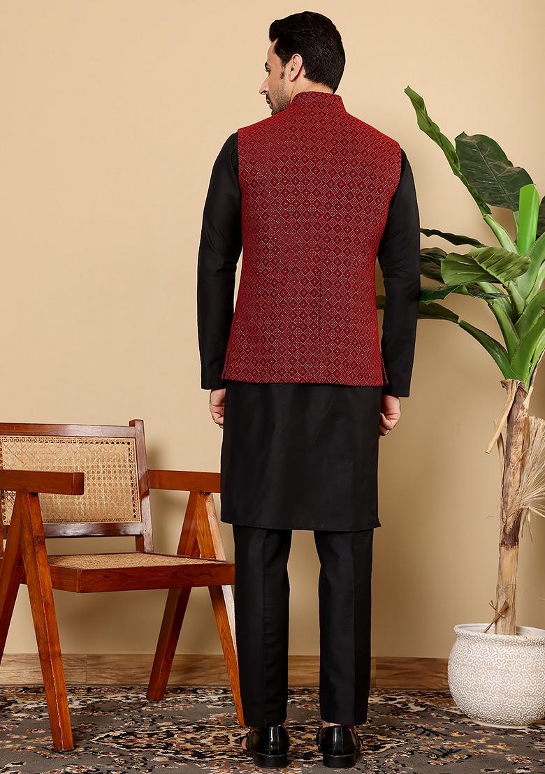 Red Embroidered Rayon Silk Nehru Jacket And Kurta Set