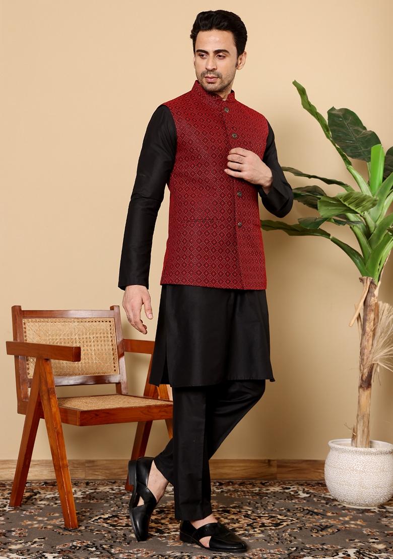 Red Embroidered Rayon Silk Nehru Jacket And Kurta Set