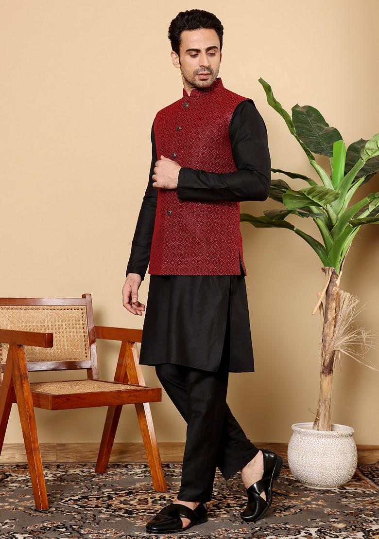 Red Embroidered Rayon Silk Nehru Jacket And Kurta Set