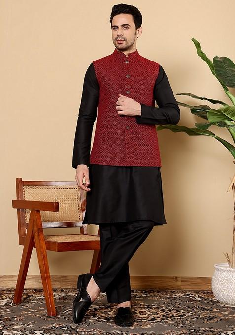 Red Embroidered Rayon Silk Nehru Jacket And Kurta Set