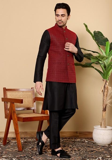Red Embroidered Rayon Silk Nehru Jacket And Kurta Set
