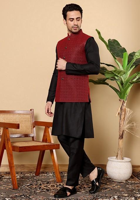 Red Embroidered Rayon Silk Nehru Jacket And Kurta Set