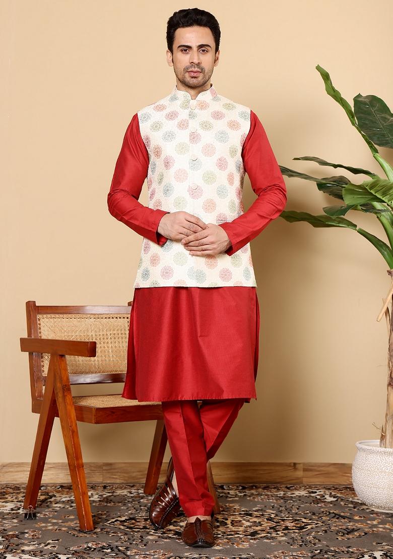 White Embroidered Viscose Silk Nehru Jacket And Kurta Set