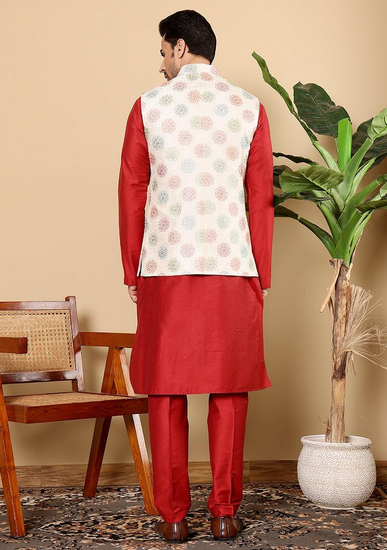 White Embroidered Viscose Silk Nehru Jacket And Kurta Set