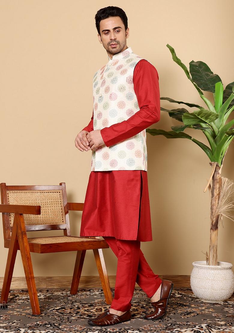 White Embroidered Viscose Silk Nehru Jacket And Kurta Set