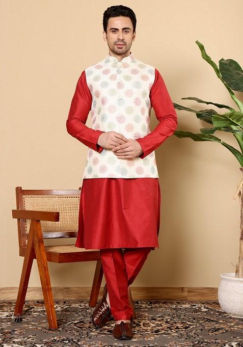 White Embroidered Viscose Silk Nehru Jacket And Kurta Set