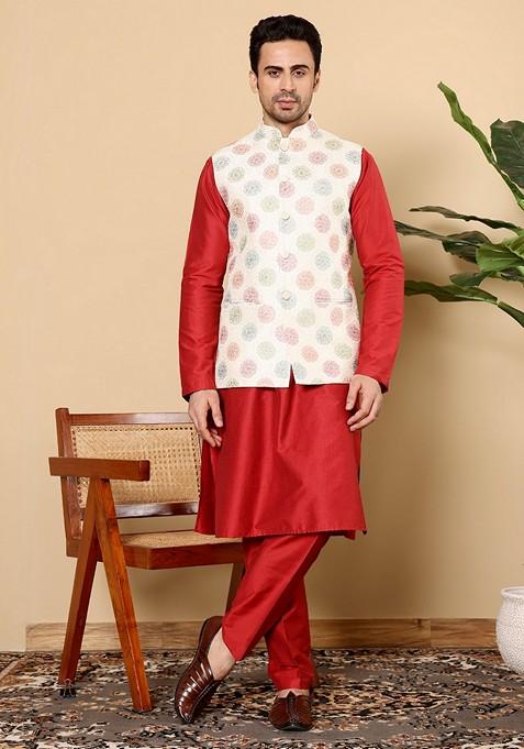 White Embroidered Viscose Silk Nehru Jacket And Kurta Set