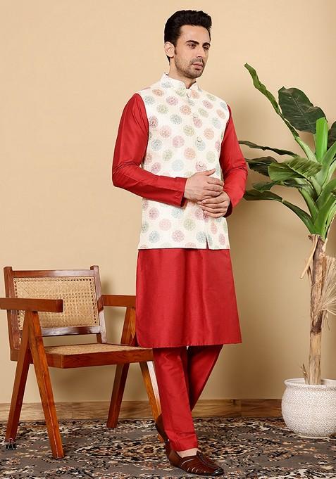 White Embroidered Viscose Silk Nehru Jacket And Kurta Set