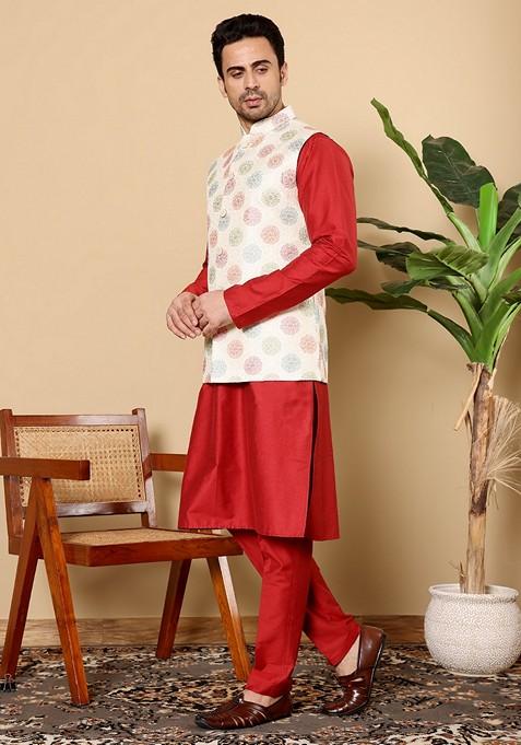 White Embroidered Viscose Silk Nehru Jacket And Kurta Set