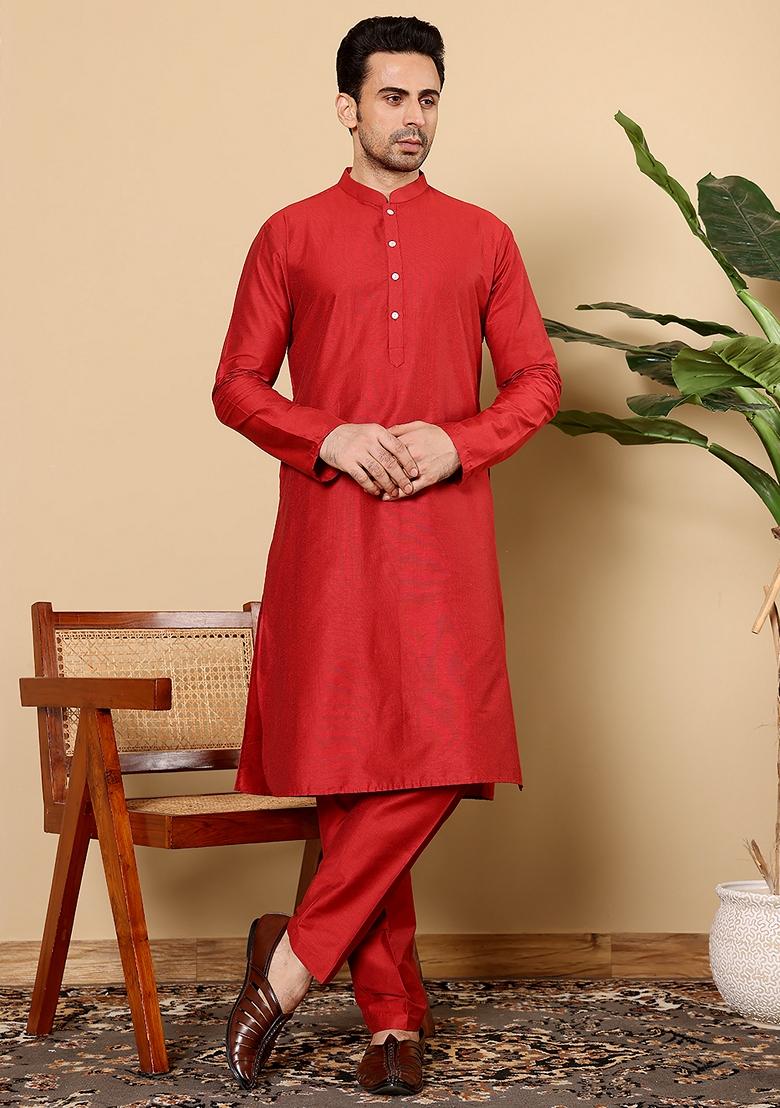 Red Solid Viscose Silk Kurta Set For Men