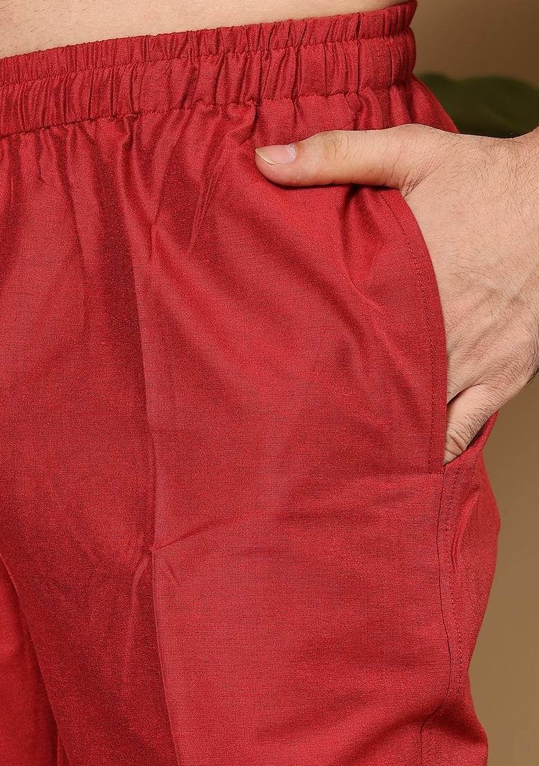 Red Solid Viscose Silk Kurta Set For Men