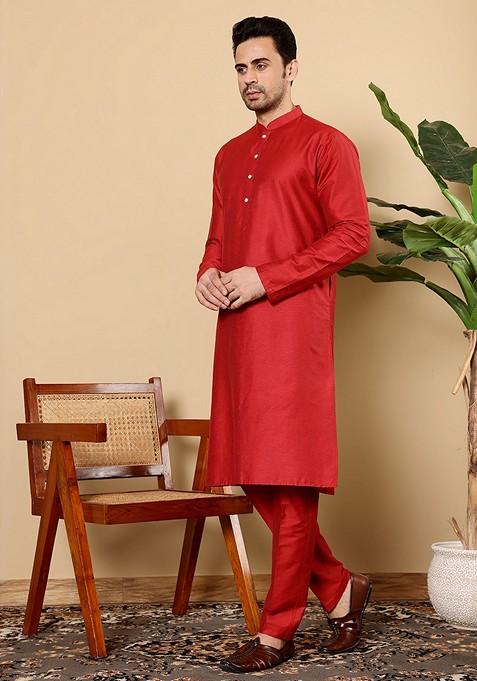 Red Solid Viscose Silk Kurta Set For Men
