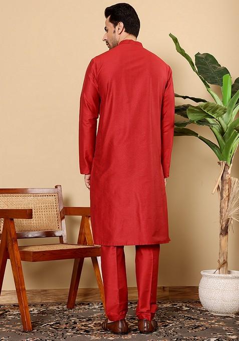 Red Solid Viscose Silk Kurta Set For Men