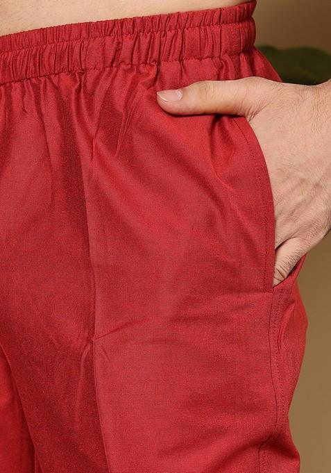 Red Solid Viscose Silk Kurta Set For Men