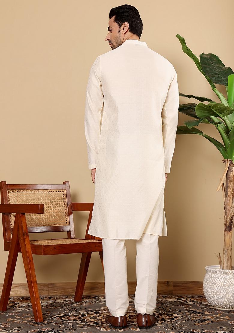 Off White Textured Viscose Silk Kurta Set For Men
