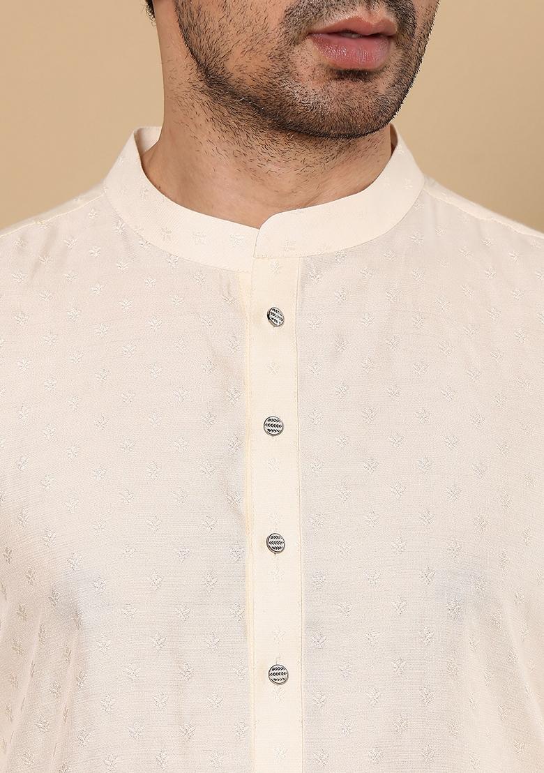 Off White Textured Viscose Silk Kurta Set For Men - Indya