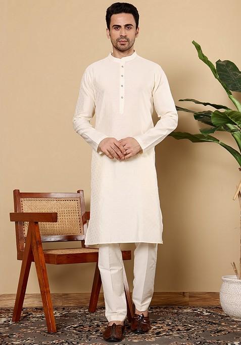 Off White Textured Viscose Silk Kurta Set For Men