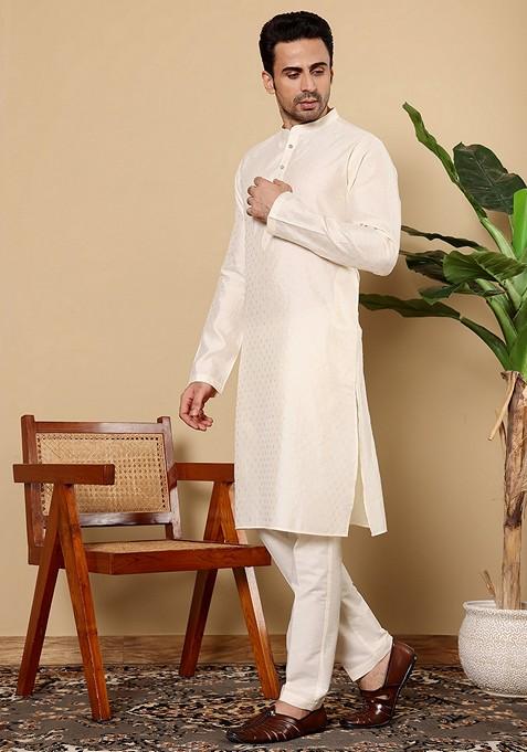 Off White Textured Viscose Silk Kurta Set For Men