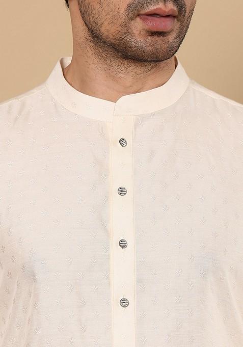 Off White Textured Viscose Silk Kurta Set For Men
