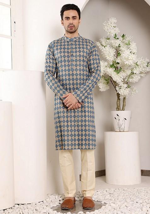 Blue Printed Cotton Kurta Set For Men