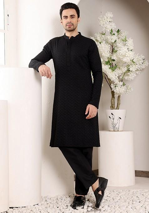 Black Textured Rayon Silk Kurta Set For Men