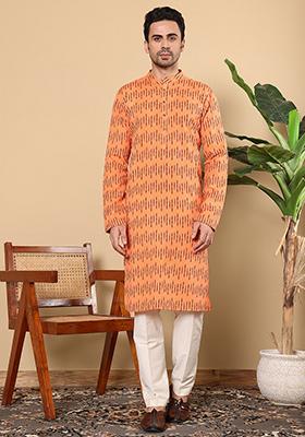 Orange Printed Cotton Kurta Set For Men