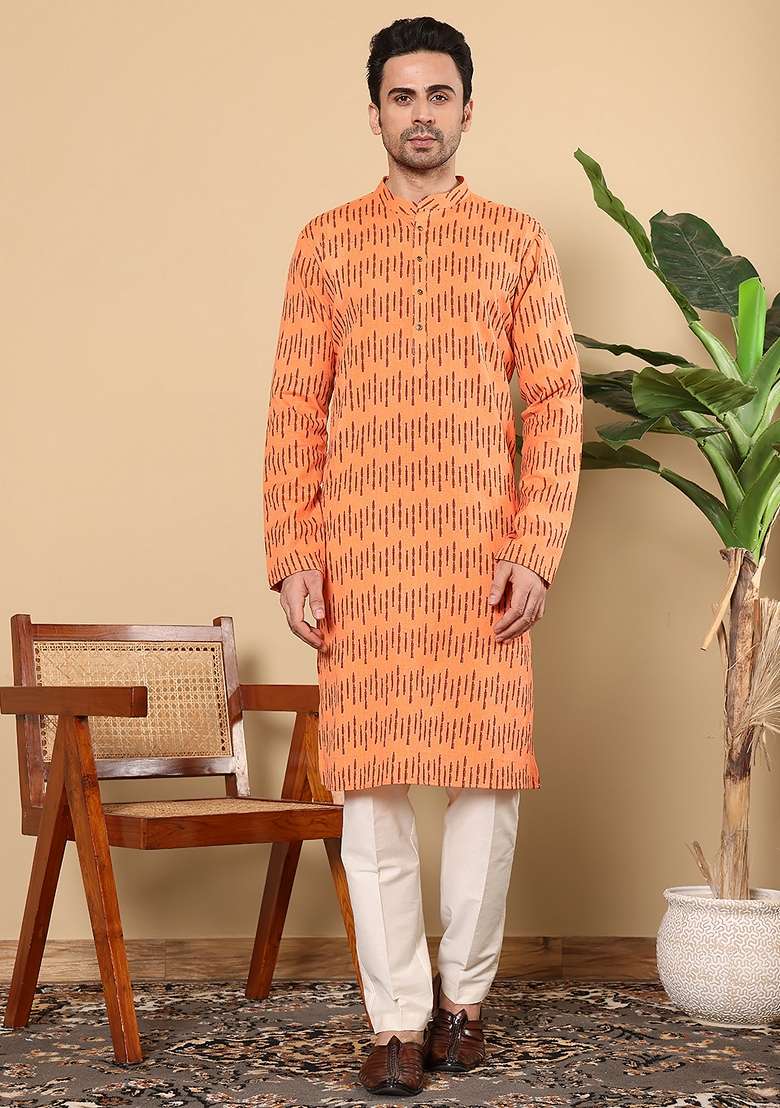 Orange Printed Cotton Kurta Set For Men - Indya