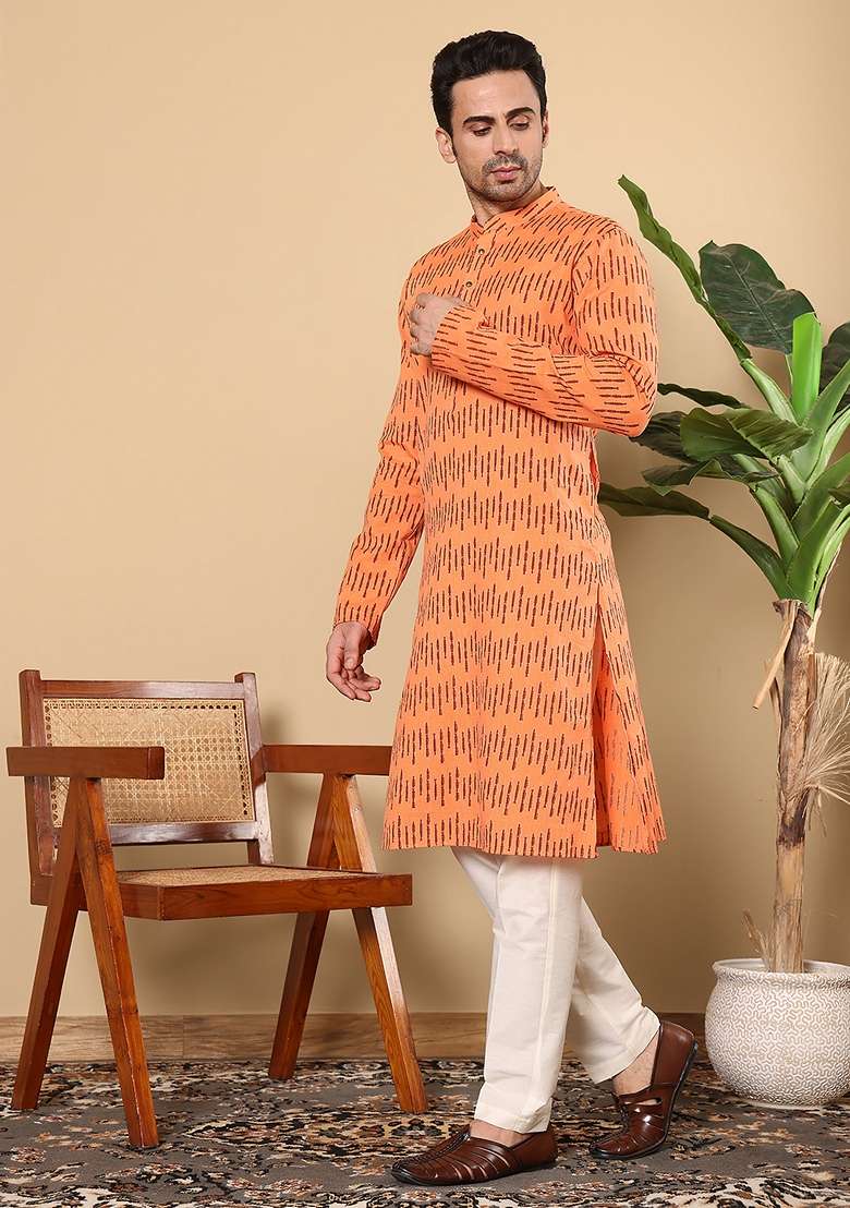 Orange Printed Cotton Kurta Set For Men - Indya