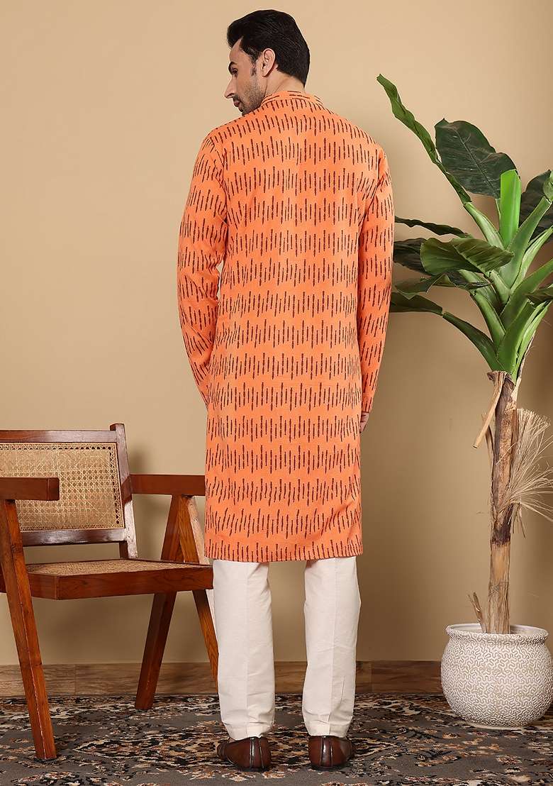 Orange Printed Cotton Kurta Set For Men - Indya