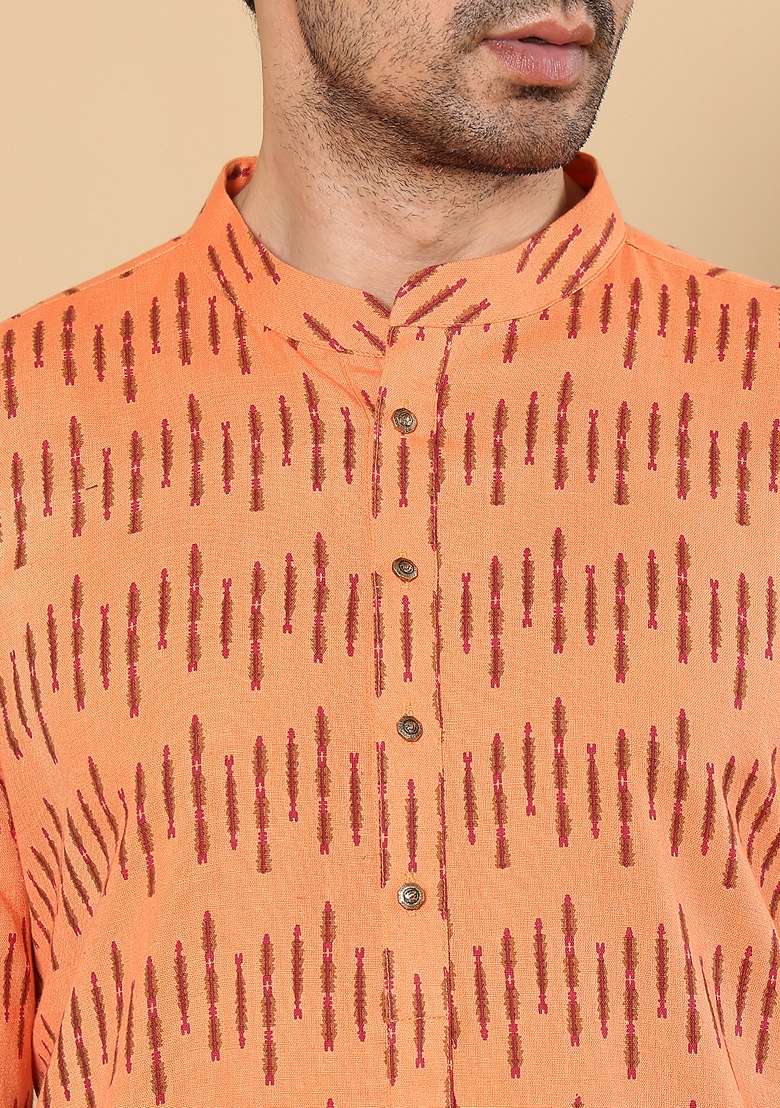 Orange Printed Cotton Kurta Set For Men - Indya