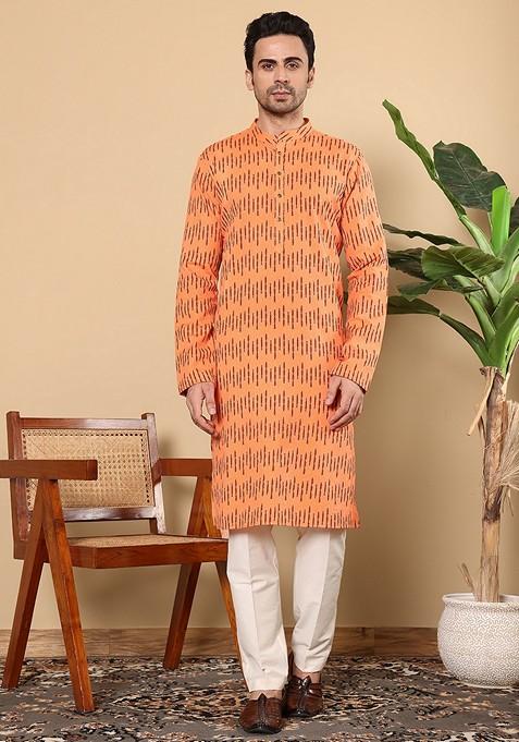 Orange Printed Cotton Kurta Set For Men