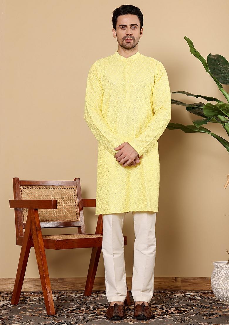 Yellow Embellished Rayon Silk Kurta Set For Men